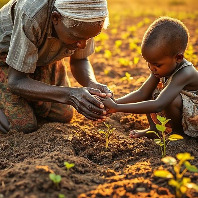 Elder and child planting seeds together