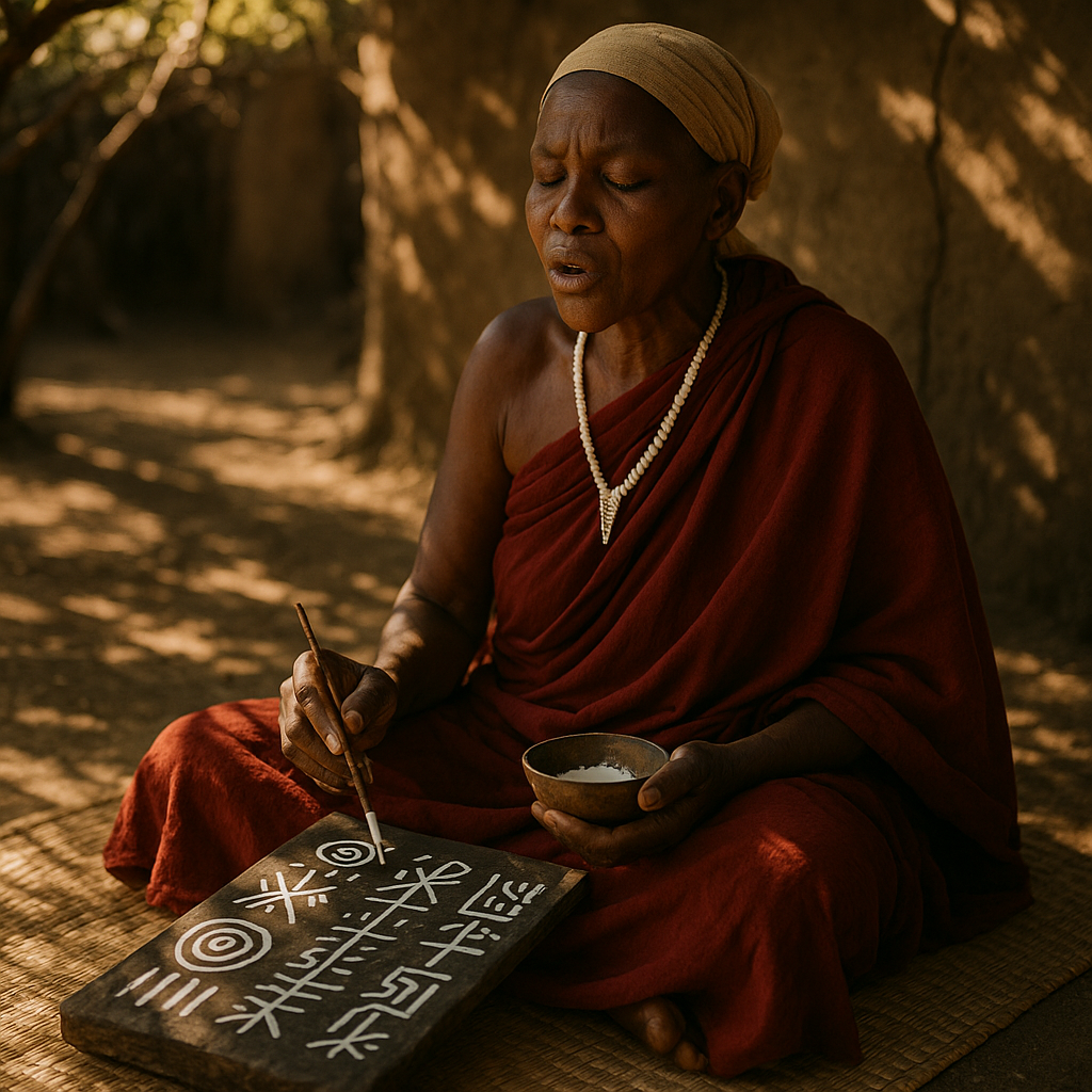 Person speaking and writing traditional words and names