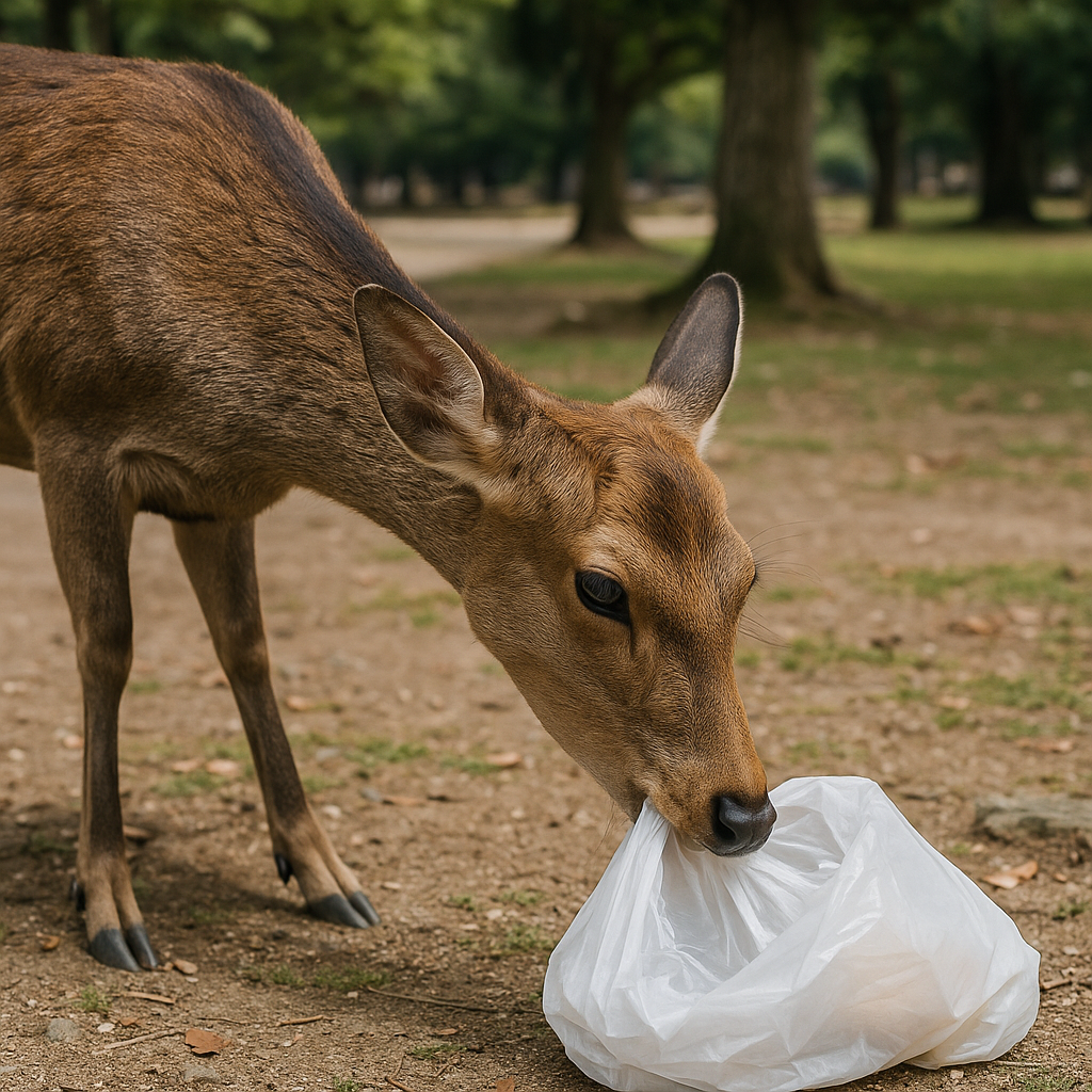 A deer exploring a discarded plastic bag near a pathway, symbolizing tourism pressure