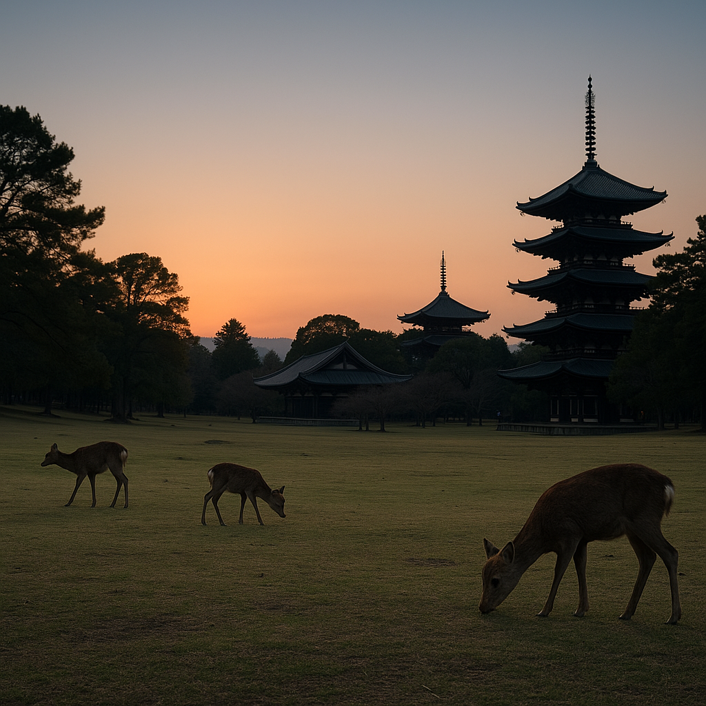 Wide dusk view of Nara Park with deer and temple roofs in the background